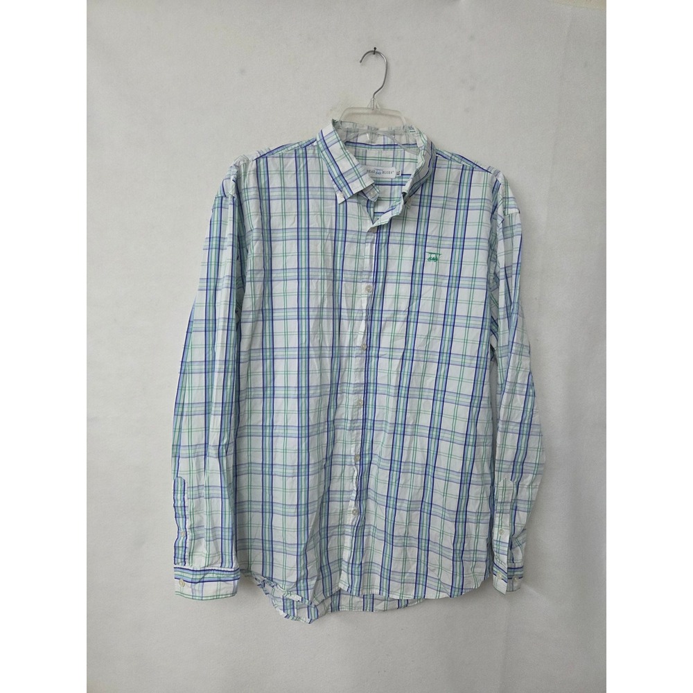 Bald Head Blues Button Down Shirt Mens XL White Blue Green Plaid Golf Cart Logo